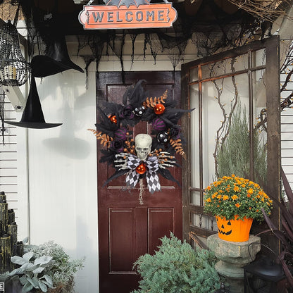 Halloween Wreath for Front Door Halloween Skeleton Decorations, 20 Inch Pumpkin Wreath with Skull Black Roses Maple Leaves for Window Indoor Outside Home Party Decor