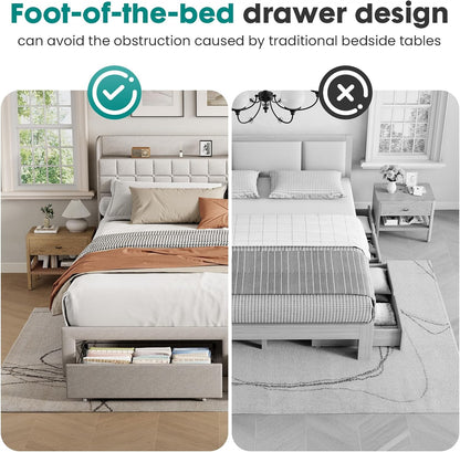 dumos king bed frame, upholstered platform bed frame, close-up detail