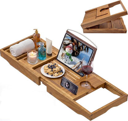 bathtub tray caddy, expandable acacia wood bath tray, main product view