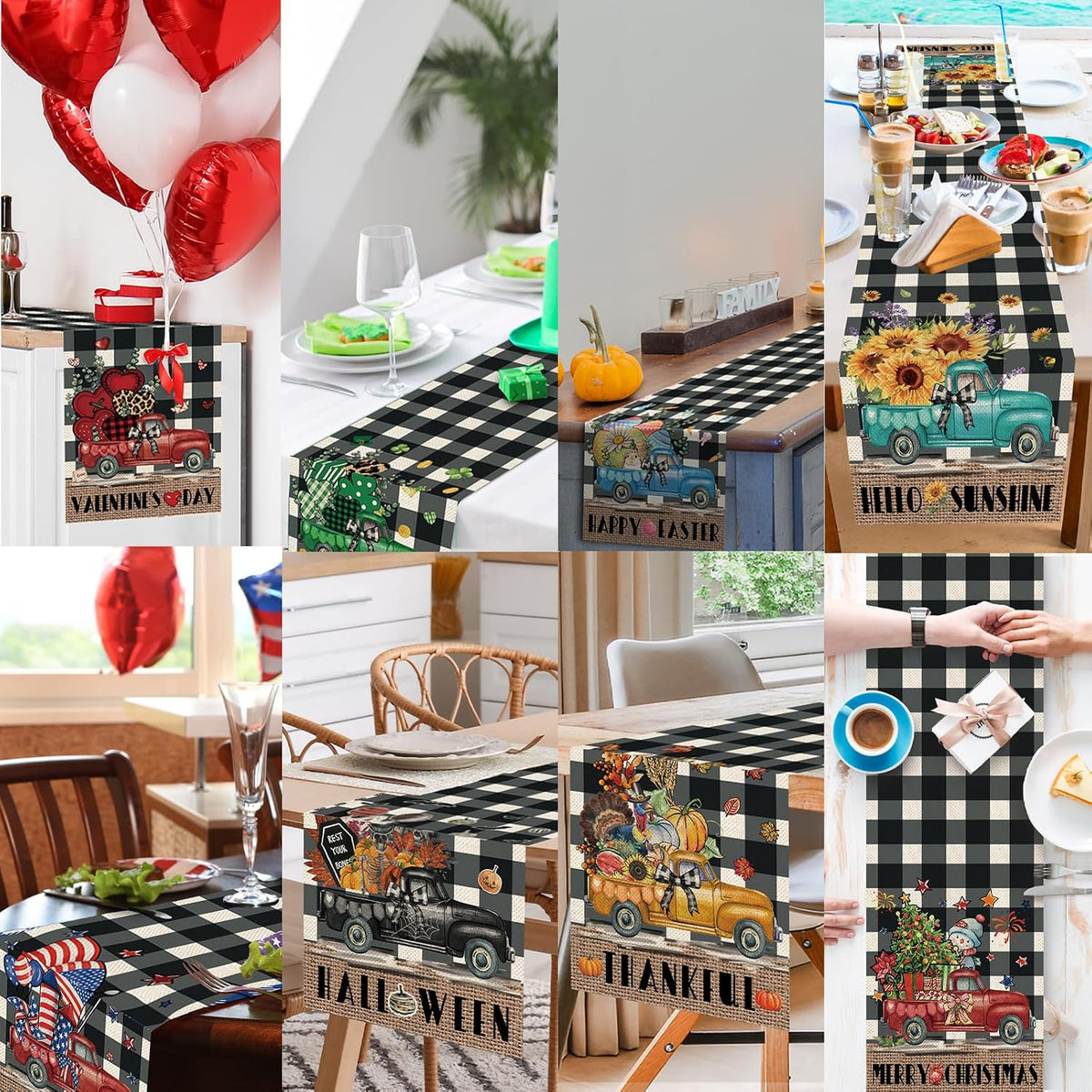 8 Pcs Truck Holiday Table Runners 72 Inches Long, Rustic Truck Fall Winter Halloween Christmas Burlap Table Runners, Car Buffalo Plaid Dining Table Decor for Farmhouse Garden Party Supplies