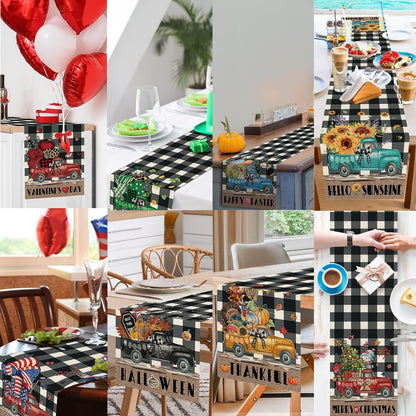 8 Pcs Truck Holiday Table Runners 72 Inches Long, Rustic Truck Fall Winter Halloween Christmas Burlap Table Runners, Car Buffalo Plaid Dining Table Decor for Farmhouse Garden Party Supplies