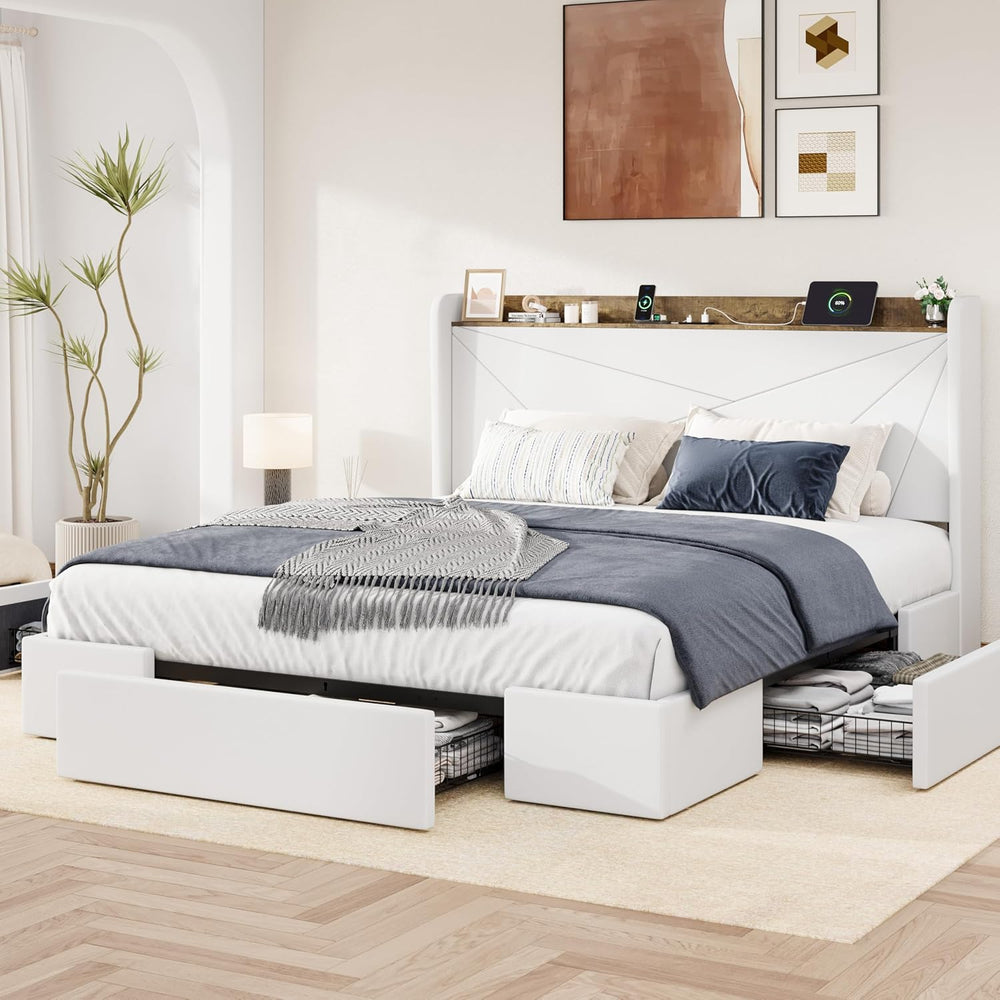Allewie King Size Velvet Bed Frame with Storage Drawer and USB Ports, White