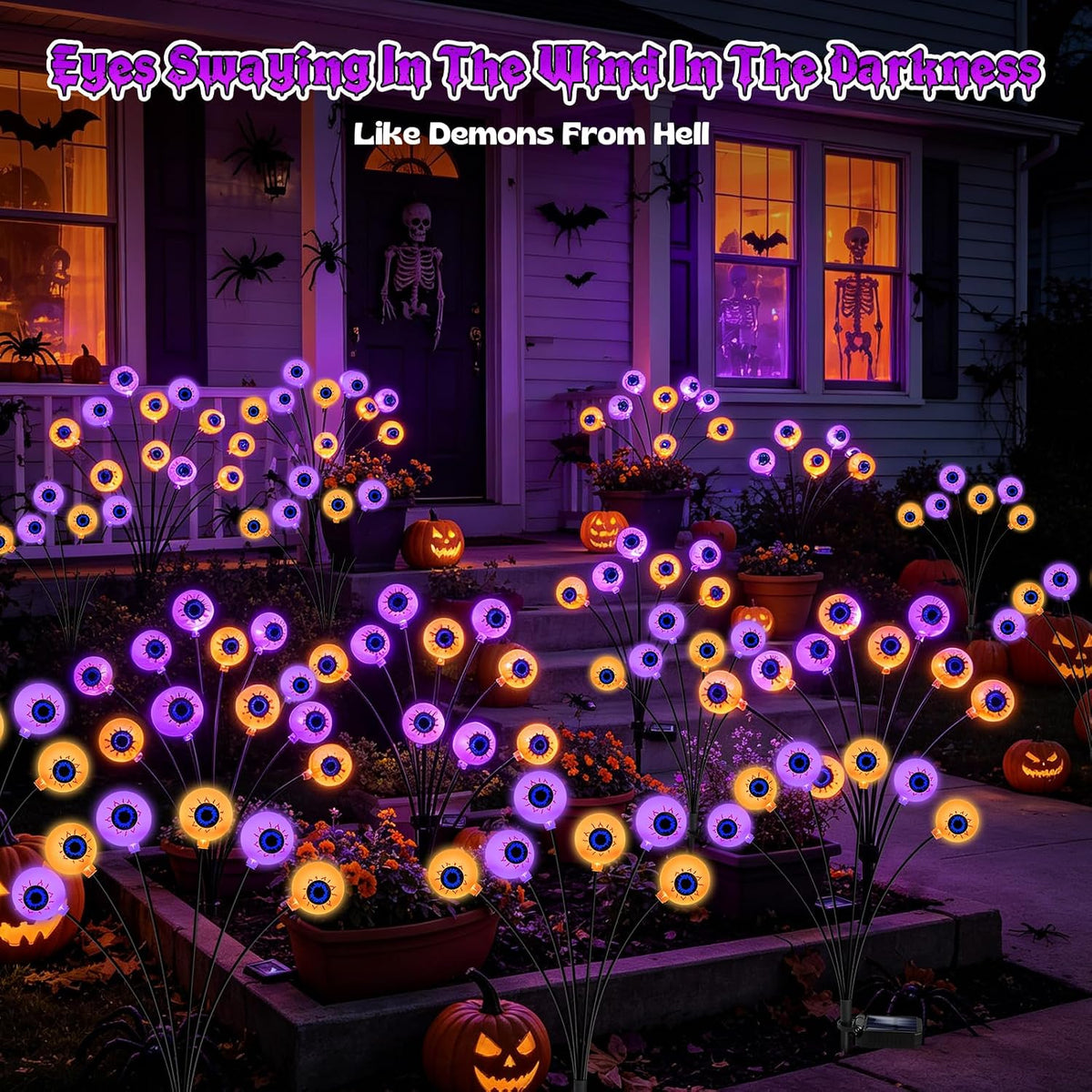 Halloween Decorations Outdoor, 4 Pack 24 LED Purple and Orange Solar Scary Eyeball Swaying Lights, Solar Firefly Light Waterproof Outdoor Lights for Halloween Yard Garden Party