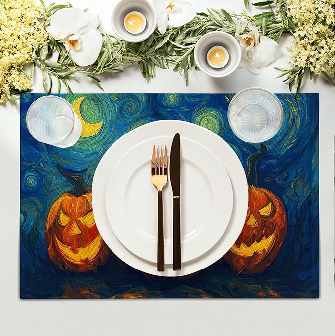 Halloween Placemats Set of 4 Pumpkin Vincent Van Gogh Starry Night Art Linen - Image 3