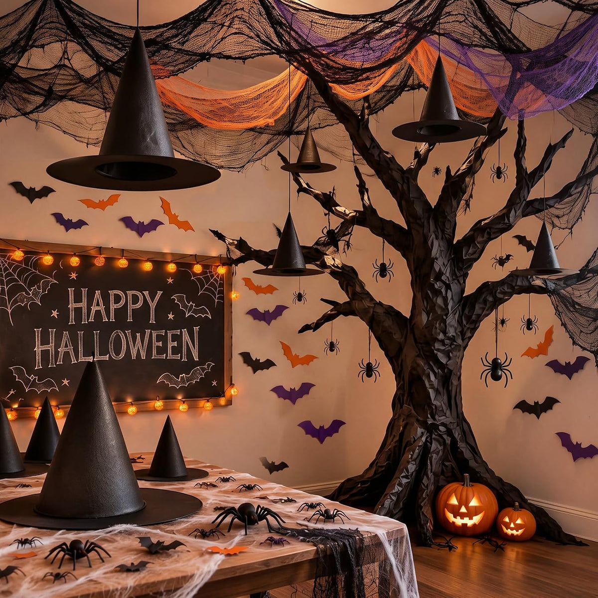 167 Pcs Halloween Themed Decorations, Spooky Halloween Classroom Party Decor Kit with Bats Stickers, Fake Spiders, Tulle Gauze, Witch Hats & Black Kraft Paper for Indoor Outdoor Party Decor