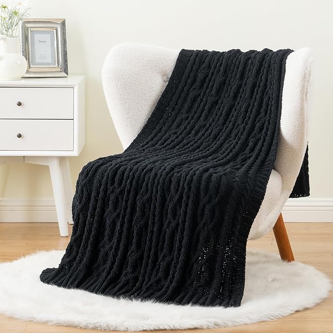 Battilo Black Throw Blanket for Couch, Cable Knit Blanket for Bed, Home Decor by BATTILOHOME