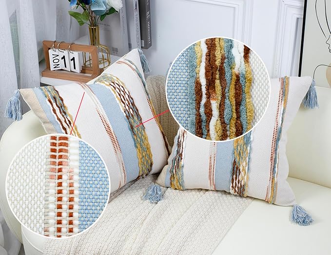 PANOD Chenille Farmhouse Throw Pillow Covers 18 x 18 Light Blue, Neutral Boucle - Image 3