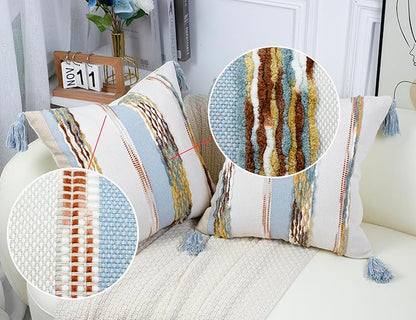 PANOD Chenille Farmhouse Throw Pillow Covers 16 x 16 Light Blue, Neutral Boucle - Image 3