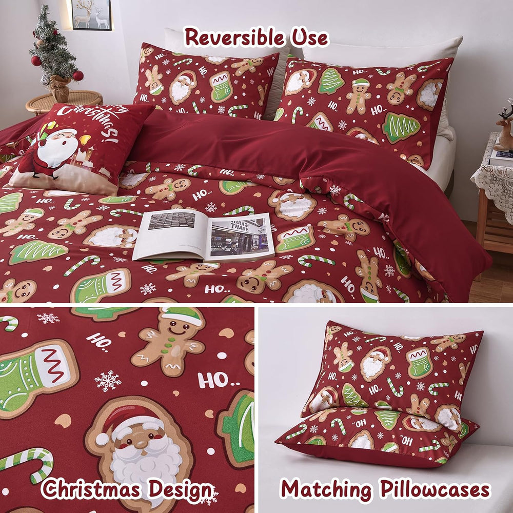 Luxudecor Christmas Duvet Cover Set Queen Size 3 Pieces,Red Christmas Duvet C...