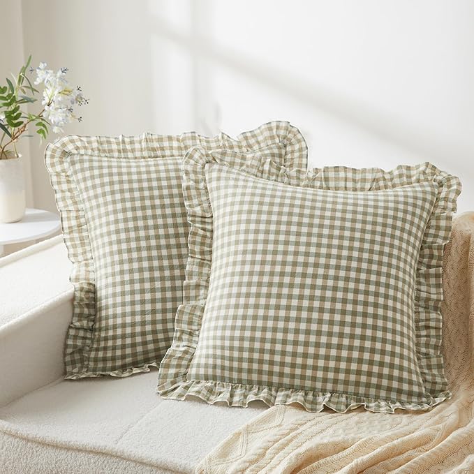 KKJIAF Ruffle Plaid Euro Sham Pillow Covers 20 x 20 Inches, Cotton Gingham by KKJIAF