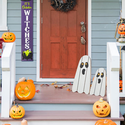Glitzhome Set of 2 Halloween Lighted Wood Ghost Porch Decor - 24" H & 18" H Handcrafted Solid Wood Ghost Signs with Metal Display Stand for Farmhouse, Front Door Outdoor Yard Halloween Decorations