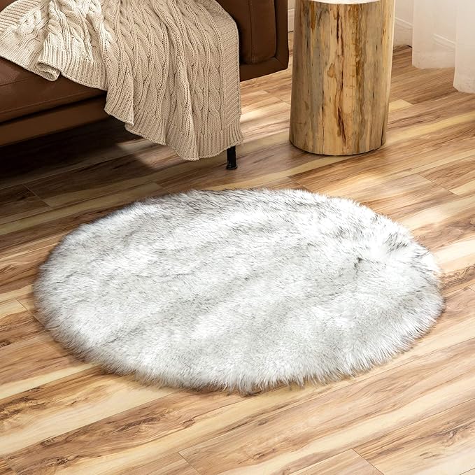 Latepis Grey and White Small Round Rug 3ft Faux Sheepskin Fur Circle Rug - Image 7