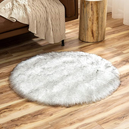 Latepis Grey and White Small Round Rug 3ft Faux Sheepskin Fur Circle Rug - Image 7