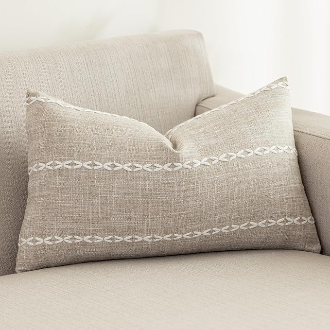 vctops Rustic Striped Cotton Linen Decorative Throw Pillow Cover Embroidery by vctops