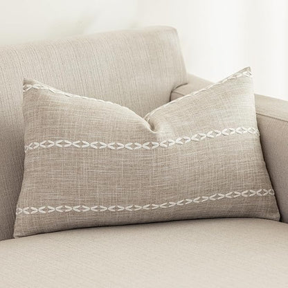 vctops Rustic Striped Cotton Linen Decorative Throw Pillow Cover Embroidery by vctops