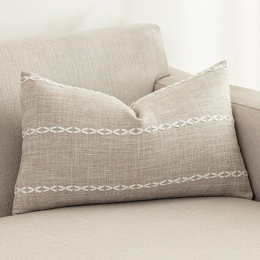 vctops Rustic Striped Cotton Linen Decorative Throw Pillow Cover Embroidery by vctops