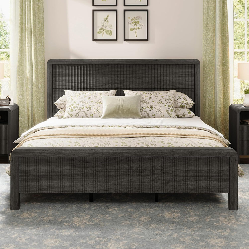 AMERLIFE Wood King Size Bed Frame with Fluted Headboard & Footboard, Black