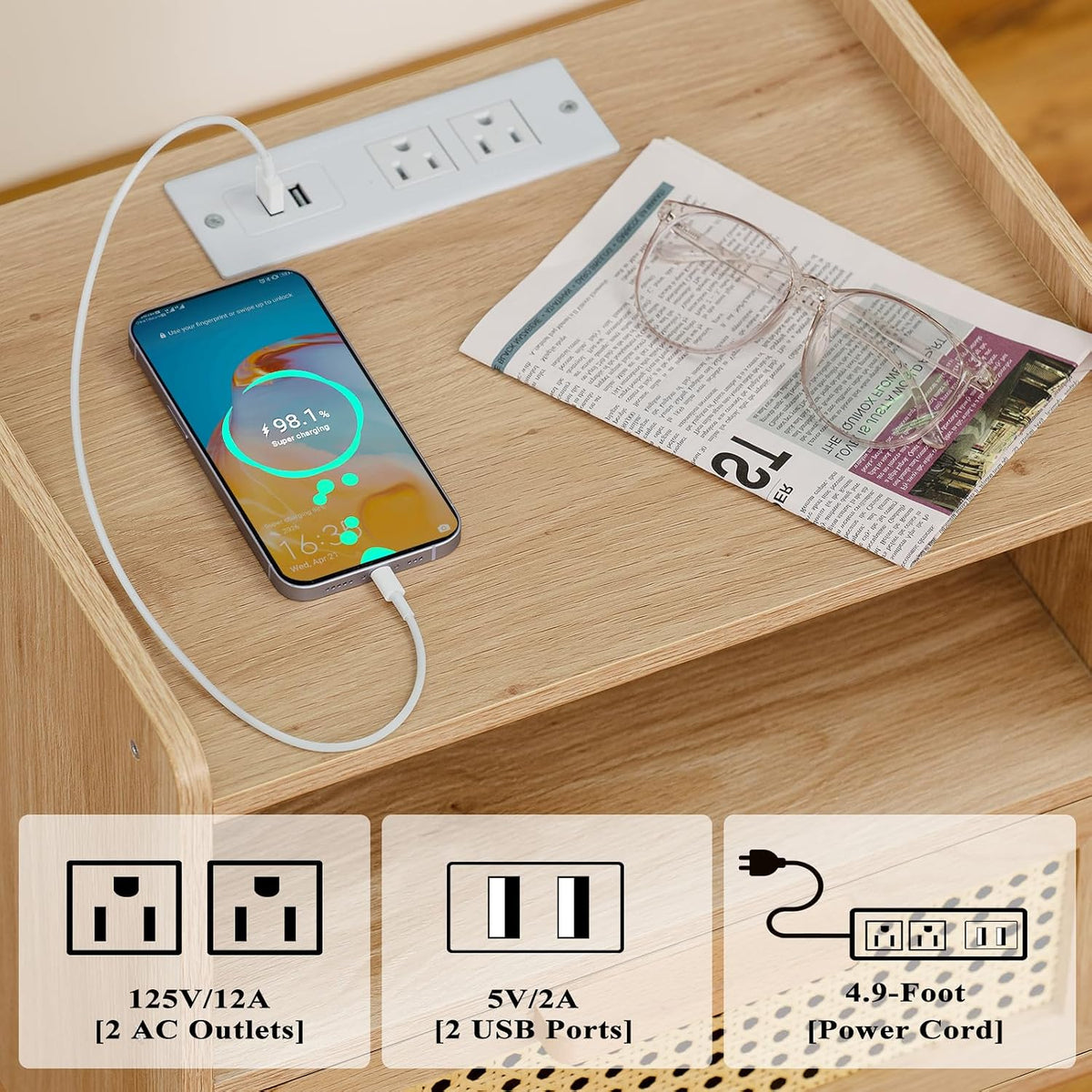 lerliuo rattan nightstand with charging station, boho night showing dimensions