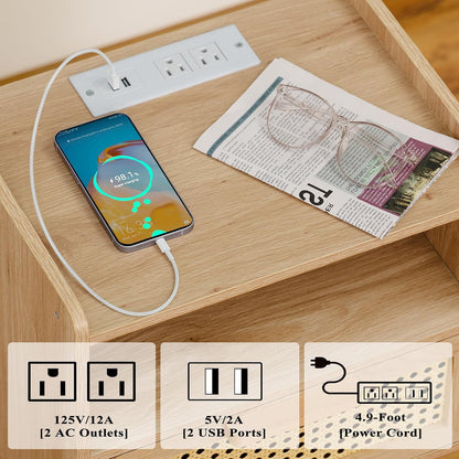 lerliuo rattan nightstand with charging station, boho night showing dimensions