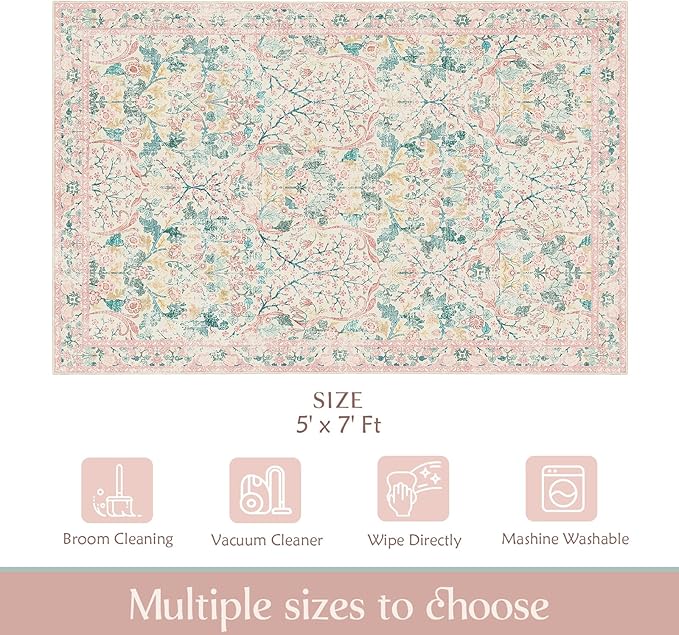 MUJOO Pink 5x7 Area Rugs, Floral Washable Rug - Image 2