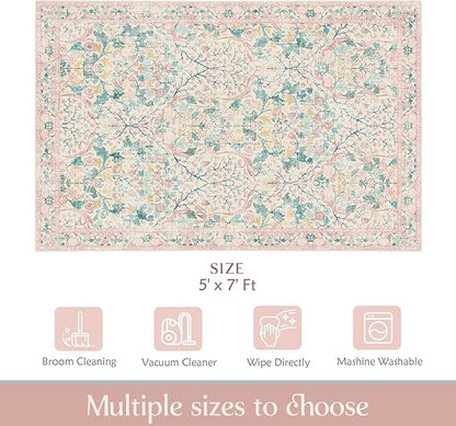 MUJOO Pink 5x7 Area Rugs, Floral Washable Rug - Image 2
