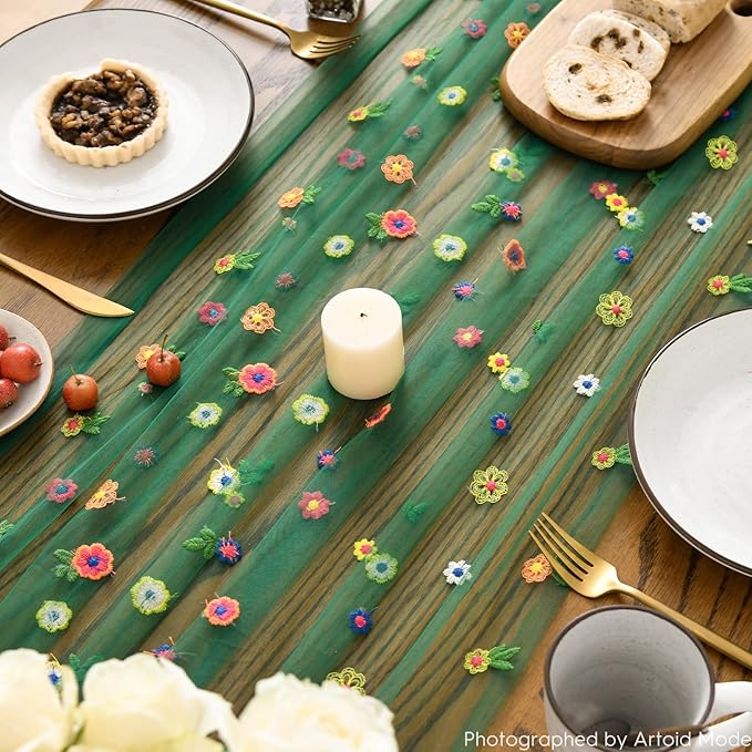 Artoid Mode Dark Green Embroidery Daisy Gauze Table Runner 120 Inch 10FT - Image 3