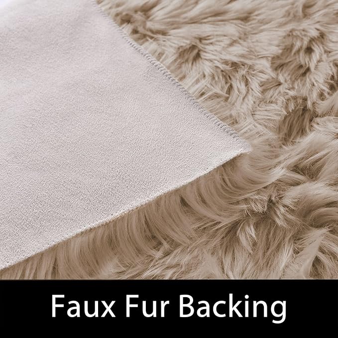 Latepis Circle Rugs for Bedroom 3ft Brown Beige Round Shag Faux Fur Rug - Image 4