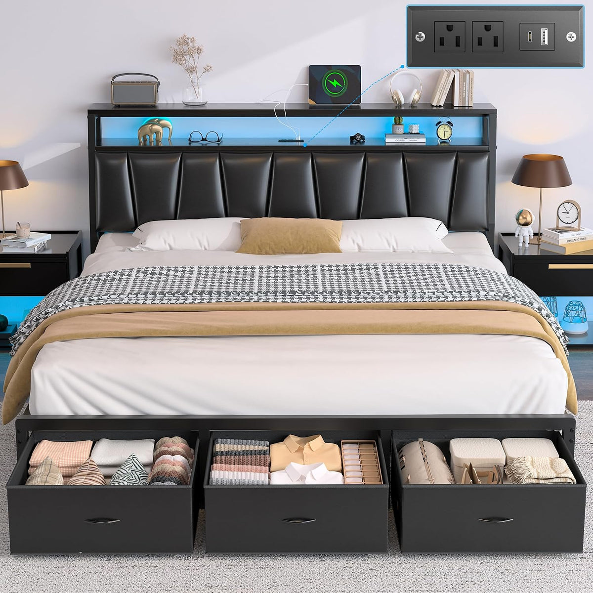 freehouse king size bed frame with storage headboard, main product view