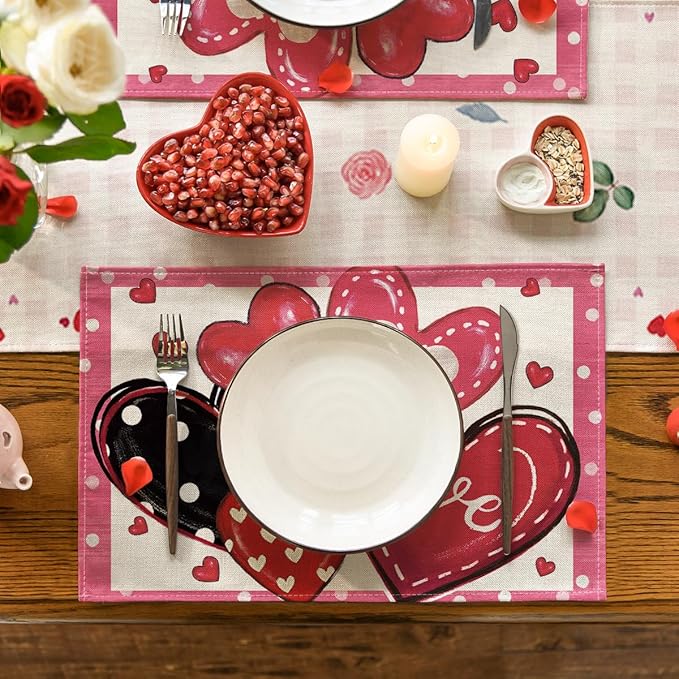 Artoid Mode Dot Hearts Love Pink Valentine's Placemats Set of 4, 12x18 Inch - Image 2