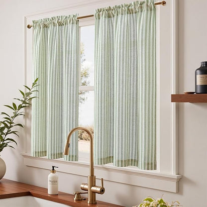 jinchan Striped Linen Kitchen Curtains 45 Inches Length Tier Curtains Farmhouse - Image 2