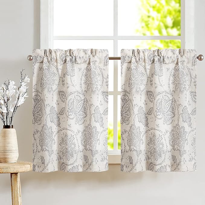 jinchan Kitchen Curtains Paisley Scroll Print Linen Small Window Tier Curtains by JINCHAN