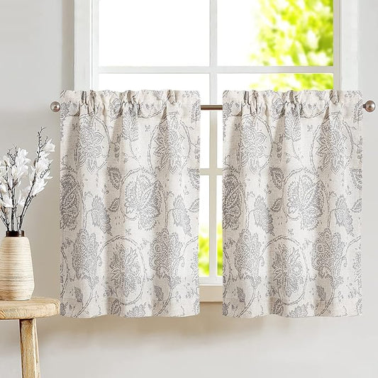 jinchan Kitchen Curtains Paisley Scroll Print Linen Small Window Tier Curtains by JINCHAN