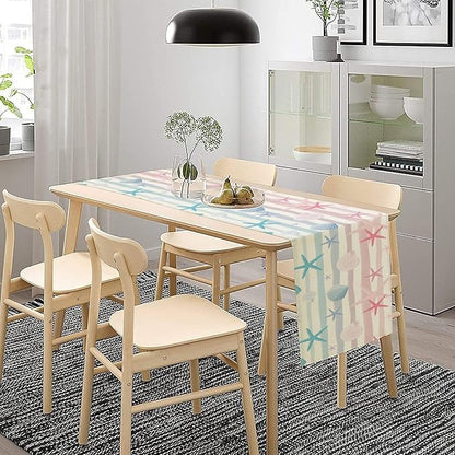 Coastal Starfish Kitchen Table Runner, Colorful Watercolor Blue and Pink Stripe - Image 8
