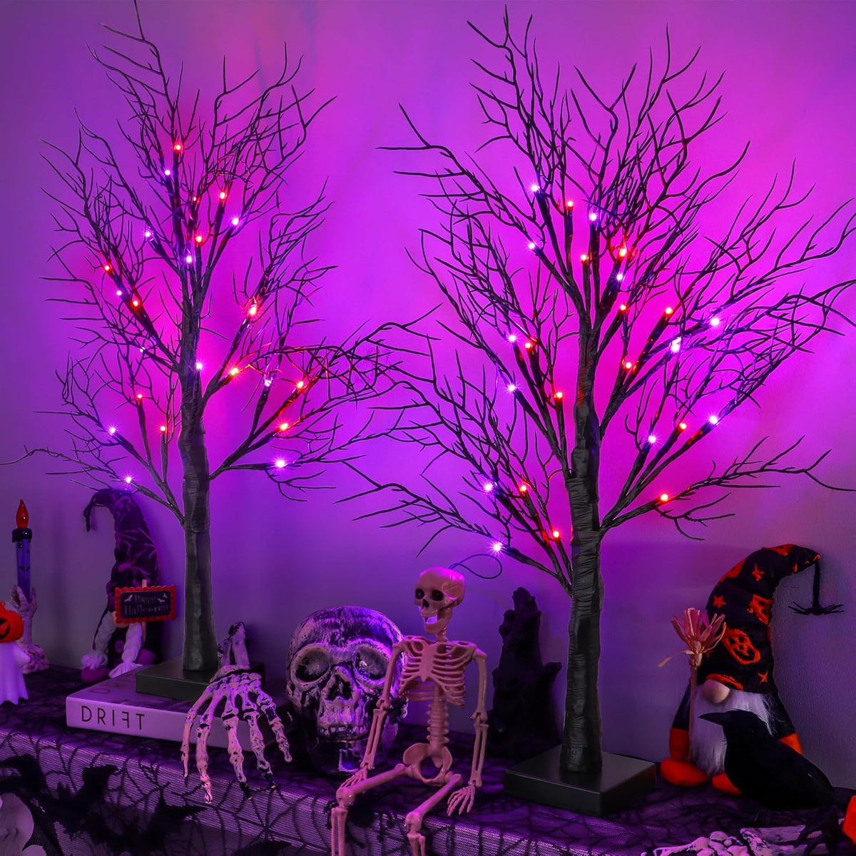 Halloween Decorations Indoor 2 Pack 24 Inch Black Halloween Tree with 48 Orange Purple Led Lights, Timer/USB/Battery Operated Lighted Tabletop Spooky Tree for Table Home Office Party Decor