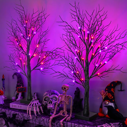 Halloween Decorations Indoor 2 Pack 24 Inch Black Halloween Tree with 48 Orange Purple Led Lights, Timer/USB/Battery Operated Lighted Tabletop Spooky Tree for Table Home Office Party Decor