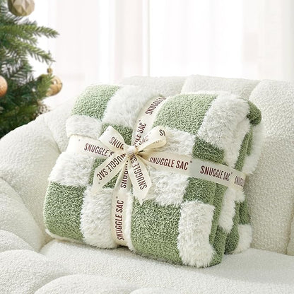 Snuggle Sac Sage Green Checkered Throw Blanket Faux Fur Knitted - Image 5