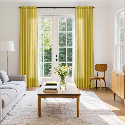 Celery Yellow Textured Linen Blend Drapes 96 Inch Long 2 Panels Set Back Tab - Image 8