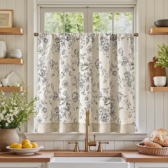 jinchan Linen Kitchen Curtain 36 Inch French Floral Double Layer Curtain by JINCHAN