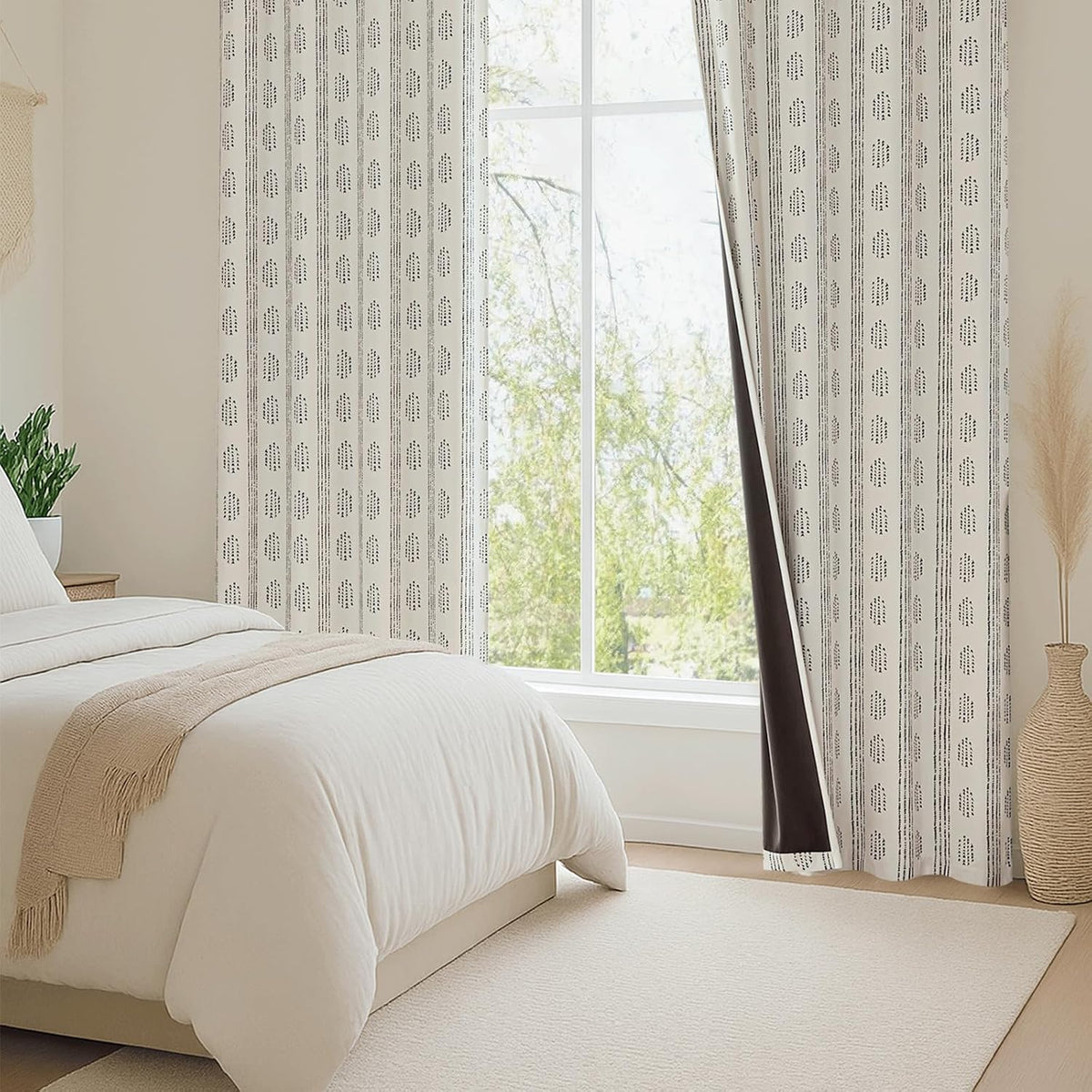 100% blackout black boho curtains, 63 inches, 2, front angle view