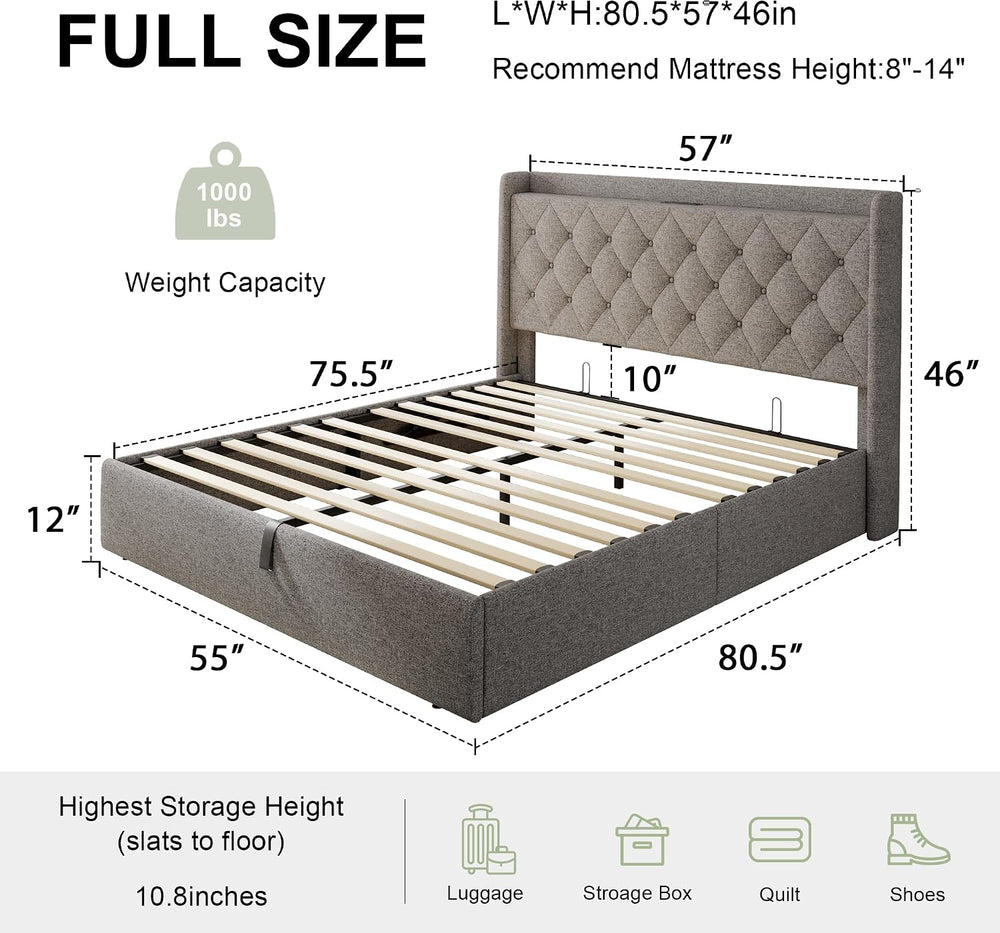 Feonase Full Size Bed Frame with Storage & Charging Station - Hydraulic L...