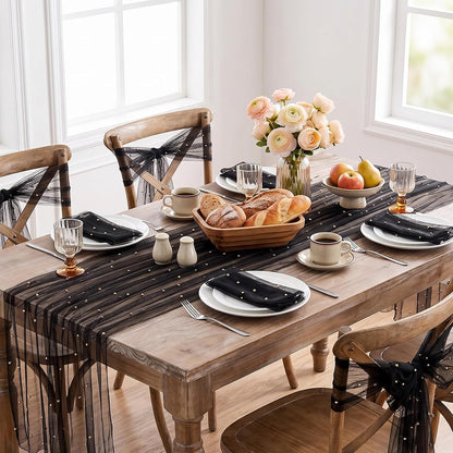 Pearl Gauze Tulle Table Runner Black Halloween 120 Inch 10FT Sheer Dining