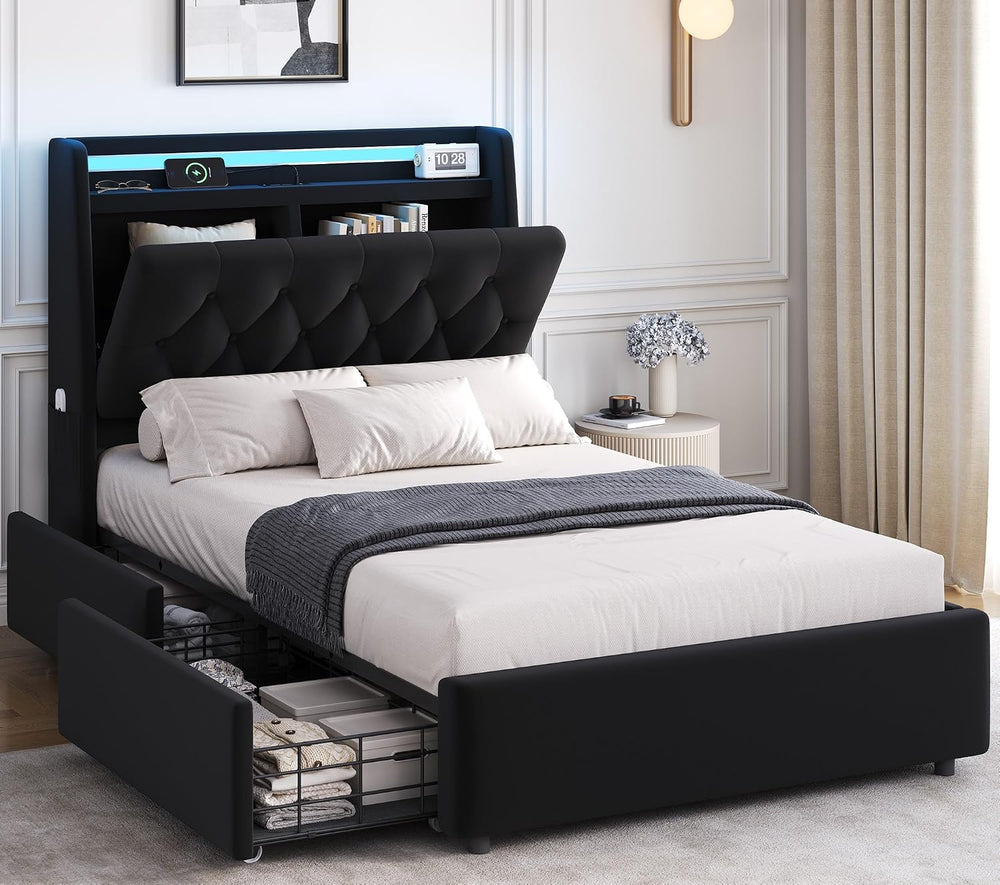 Twin LED Velvet Bed Frame with 2 Storage Drawers&Hidden Headboard, Uphols...