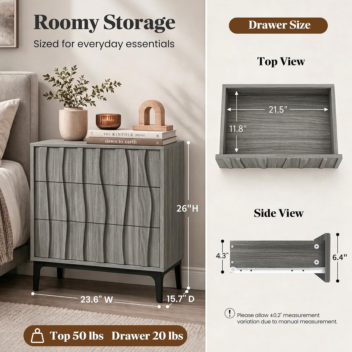 fluted 3‑drawer nightstand, 3d wave front table, gray shown in use