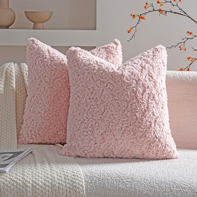 Neelvin Set of 2 Faux Fur Throw Pillow Covers 22x22 Inch Pink Cozy Soft Solid by Neelvin