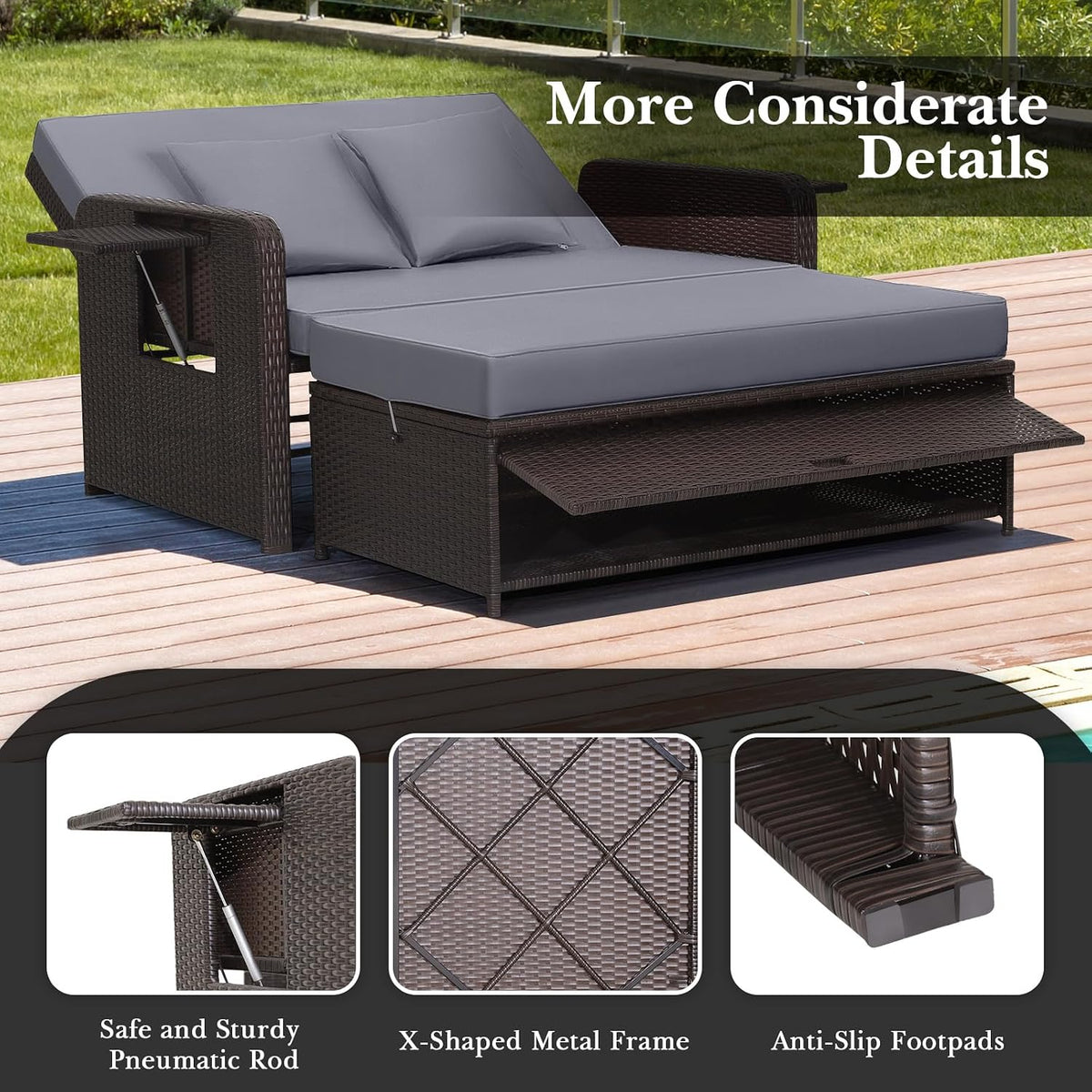 tangkula patio rattan daybed with 4-level adjustable backrest showing dimensions