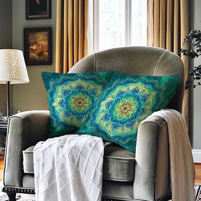 Mandala Flower Throw Pillow Covers 18x18 Set of 2 | Teal Bohemian Decorative - Image 2