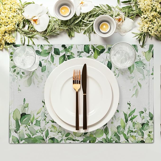 Sage Green Leaf Placemats Set of 4 Eucalyptus Leaves Place Mats 12×18 Inch - Image 3