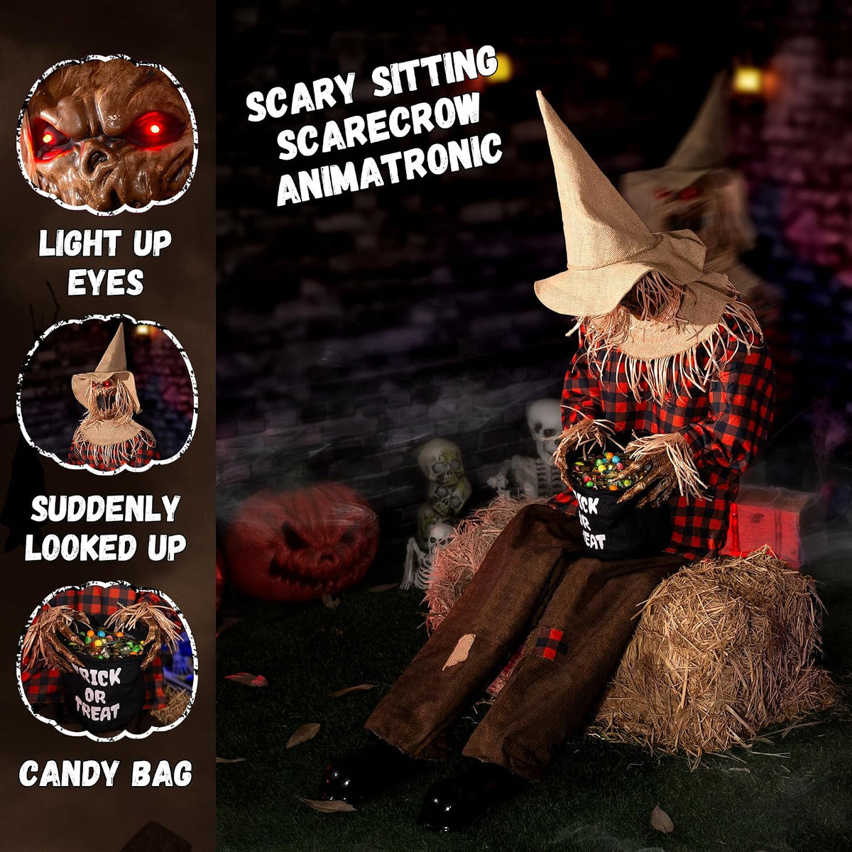Halloween Animatronics Decorations Scary Sitting Scarecrow with Candy Bag, 55'' Animated Jumpscare Halloween Props with Sound & Motion Activated, Lighted Eyes, Creepy Sound for Haunted House Outdoor