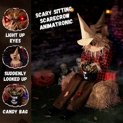 Halloween Animatronics Decorations Scary Sitting Scarecrow with Candy Bag, 55'' Animated Jumpscare Halloween Props with Sound & Motion Activated, Lighted Eyes, Creepy Sound for Haunted House Outdoor