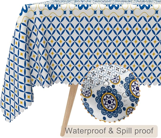 54x108inches Boho Rectangle Tablecloth Blue Floral Printed Bohemian Table Cloth - Image 2